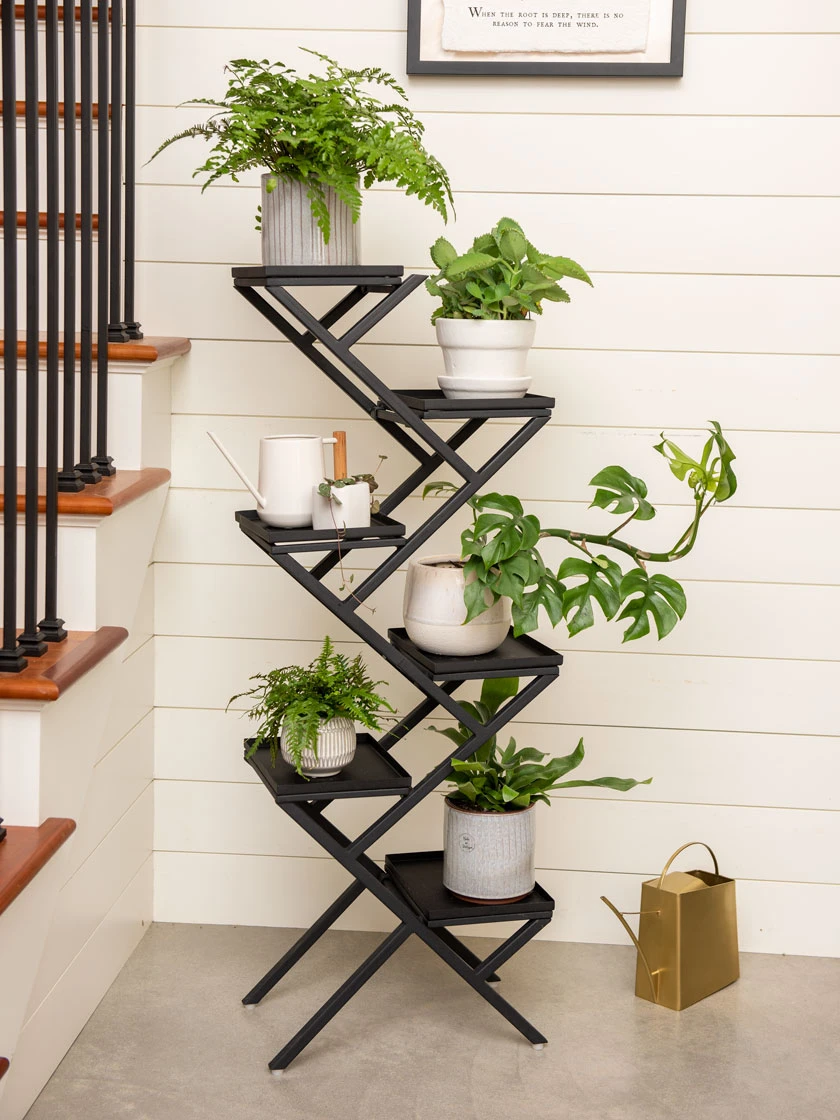 Crisscross Cascading Plant Stand With Black Trays 1 Crisscross Cascading Plant Stand With Black Trays